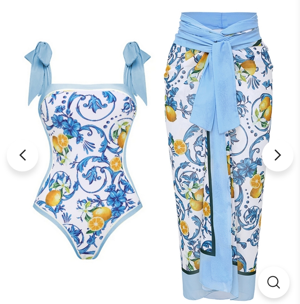 Floral Lemon Print Swimsuit and Sarong Set